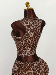 Amplova Women's Fashion Cut-Off Leopard Print Mesh Bodycon Tank Top
