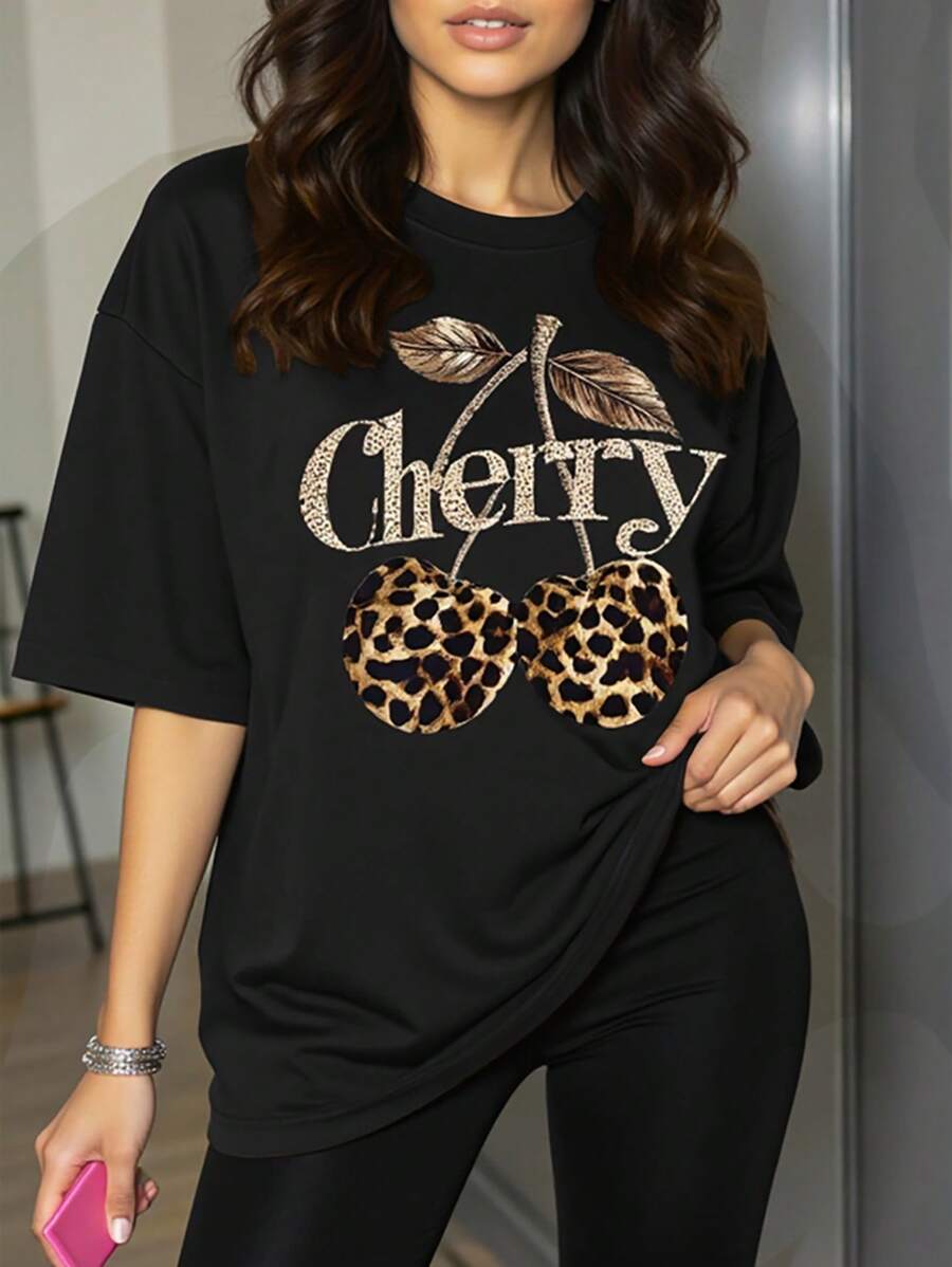 Kaos Wanita Ukuran Besar Motif Leopard & Cherry Leher Bulat Lengan Pendek - Hitam - View 1