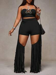 Slaydiva 春夏新款音乐节波西米亚风派对街头风格女装黑色紧身高腰纯色多层流苏加大码喇叭裤