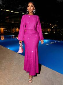 SOLERSUN Elegant Pink Autumn Women Bodycon Mermaid Hem Maxi Dress,Suitable For Christmas Day Party,Vacation & Valentine's Day Outfit Fall Cloth - Hot Pink - View 6