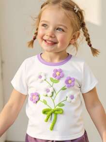 Cozy Pixies Bebê menina 3D floral malha macia gola redonda manga curta casual pullover top - Roxa - Ver 9