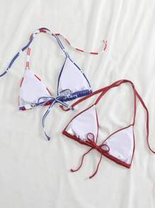 SHEIN Swim 2pcs Women USA Flag Print Triangle Cup Bikini Set, 4th Of July For Summer Beach Vacation - Multicolor - View 3