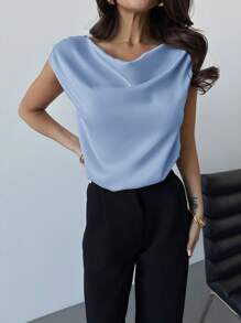 Firerie 优雅别致杏色不对称褶皱领无袖缎面衬衫，适合约会、婚礼、通勤、春夏季 - 淺藍色 - 查看 4