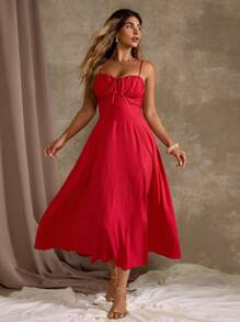 Flirla Plus Size Women Elegant Solid Color Tie Waist Split Hem Dress - Red - View 5