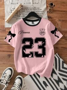 SHEIN EZwear Camiseta holgada de mujer de manga corta, cuello redondo, con número 23 en estilo minimalista casual, apta para el verano