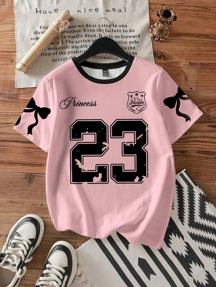 SHEIN EZwear Camiseta holgada de mujer de manga corta, cuello redondo, con número 23 en estilo minimalista casual, apta para el verano