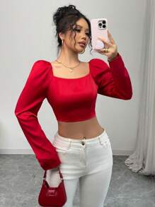Elenzga Áo cánh satin ngắn tay bồng cổ vuông thắt eo thanh lịch thời trang cho nữ ngày lễ tình nhân - Đỏ - Xem 7