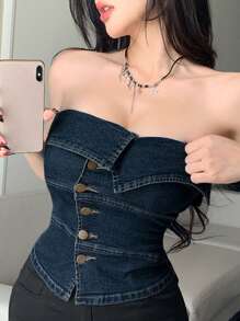 DAZY Women's Sexy Slim Fit Asymmetrical Button Front One Shoulder Denim Blouse, Summer