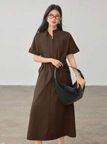 Dazy-Less Vestido casual holgado de manga corta con cuello en V y largo midi con bolsillos grandes y cintura con cordón para mujer, estilo de cargo para mujer de negocios casuales