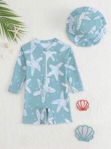Baby Boy Starfish Printed Raglan Sleeve Rash Guard And Shorts Swimming Trunks Set - Multicolor - View 1