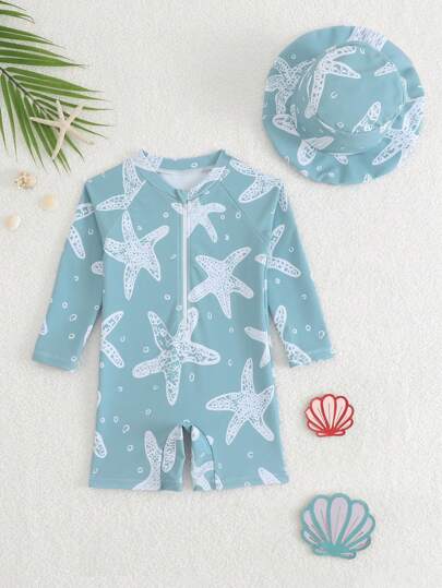 Baby Boy Starfish Printed Raglan Sleeve Rash Guard And Shorts Swimming Trunks Set