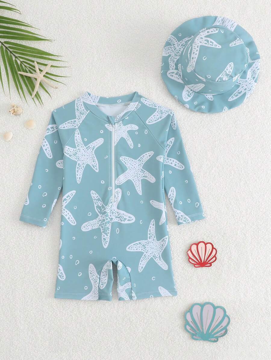 Baby Boy Starfish Printed Raglan Sleeve Rash Guard And Shorts Swimming Trunks Set - Multicolor - View 1