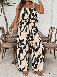 SHEIN VCAY Plus Size Women's Floral Print Ruffle Hem Wide Leg Jumpsuit