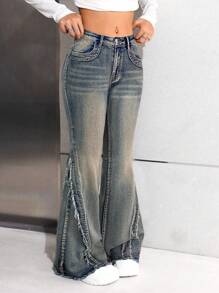 SHEIN Pantaloni di jeans neri con lavaggio stonewash, a zampa d'elefante, alla moda nello stile Y2K, con orlo sfilacciato laterale, per ragazze adolescenti