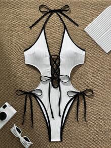 Swim SXY Women's Casual Vacation Beach Halter Sexy Black & White One Piece Swimsuit For Summer