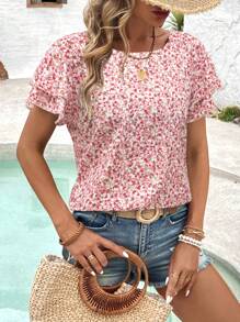 EMERY ROSE Women's Vacation Ditsy Floral Double Layer Ruffle Cap Sleeve Blouse