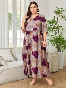 Lacomfia Vestido maxi estilo árabe de línea A con estampado floral para mujer de talla grande