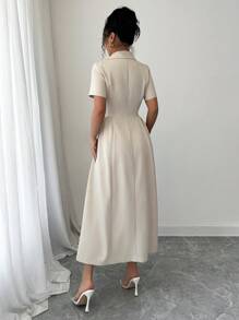 Elenzga 女士简约优雅高端时尚休闲/正式夏季连衣裙，金属纽扣腰部 A 字设计，适合通勤、度假、下午茶、派对、办公室