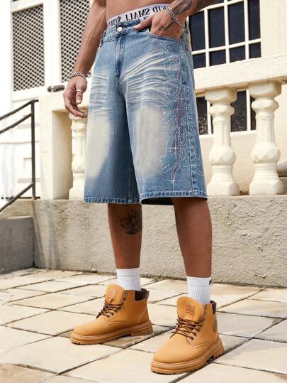Street Life Short en jean ample pour homme avec poches cloutées de strass