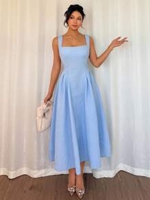 Modelyn Blue Textured Square Neck Cinched Waist A-Line Dress - Blue - View 3