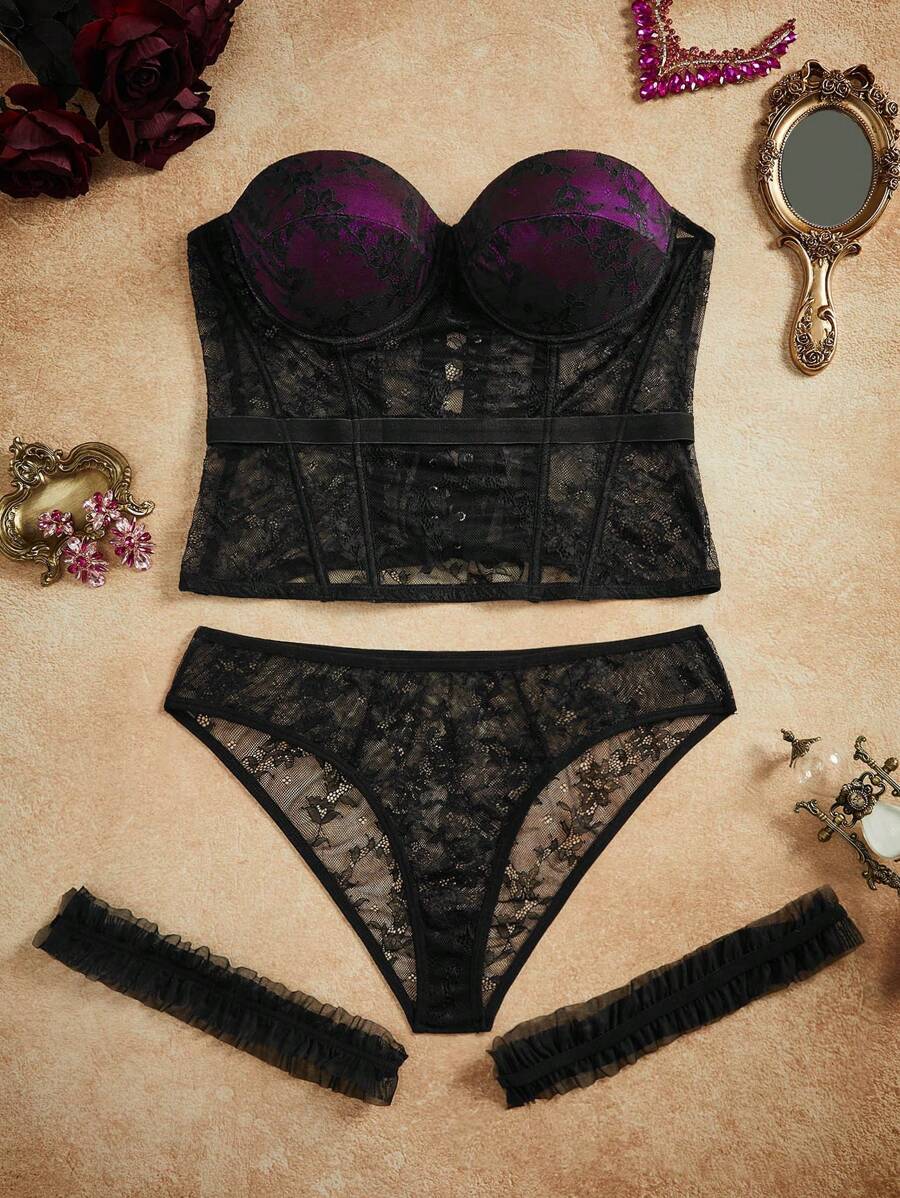 بدلة داخلية مثيرة كامل الجسم من الساتان والدانتيل بطراز قصر قديم مقاسات كبيرة - الأسود - مشاهدة 1