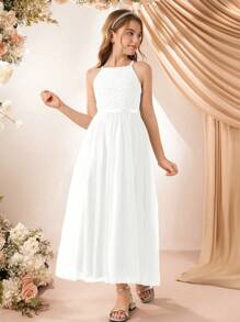 Elegant Minimalist Young Ladies' Round Neck Sleeveless Waisted Long Lace Splice Multi-Layer Mesh Solid Green Dress, Suitable For Flower Girl Wedding Party Summer - White - View 3