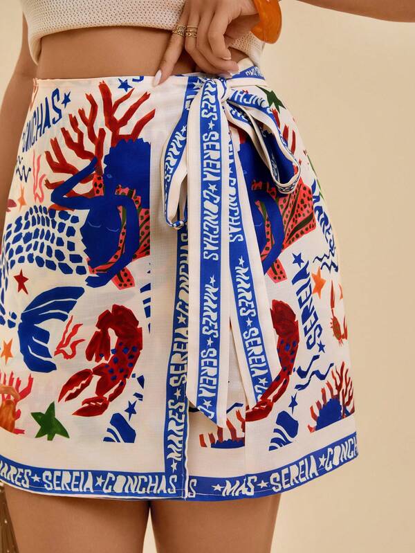 Travachic Plus Size Women Resort Style Printed Wrap Around Skirt, Spring/Summer Graphic Skirt