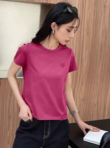 DAZY Camiseta casual y suelta de verano para mujer, de unicolor, con bordado de corazón y manga corta - Rosa Fucsia - Ver 3