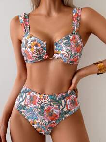 Swim Vcay 女式两件套花卉印花坦基尼，粗肩带高腰比基尼套装，休闲舒适度假泳衣 - 彩色 - 查看 4