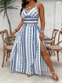 SHEIN VCAY 2pcs Plus Size Spaghetti Strap Top And Skirt Set, Fashionable For Summer,Vacation Outfits Woman,2 Piece Summer Outfit