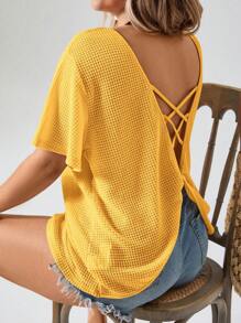 SHEIN VCAY Plus Size Minimalist Solid Color Waffle Pattern Backless T-Shirt - Yellow - View 1