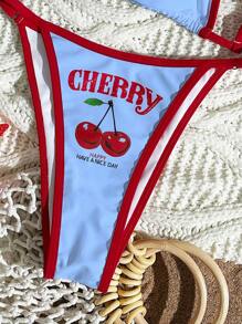 Swim Mod 女式三件套樱桃字母印花比基尼套装，带肩带和丁字裤，另加透明网眼罩衫，女士夏季沙滩装