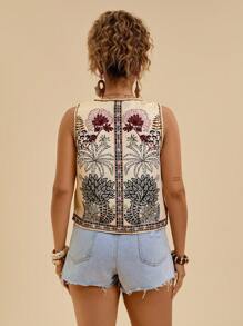 Travachic Plus-size dames casual tropische plant handgetekende lijnprint strikbaar los vest