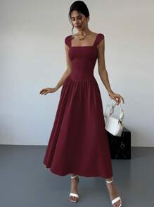 Firerie Valentine's Day New Square Collar Cap Sleeve Waist Ruched Bowknot Long Dress, Elegant Daily Casual Dress, Apricot Color A-Line Summer Spring Outfits Festival Outfits Elegant Business Casual Vacation - Burgundy - View 7