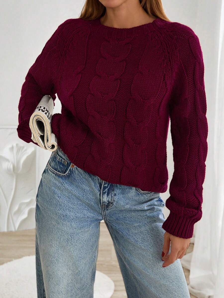 EURMUSE Pulover cu guler rotund și model tricotat cu cabluri în culori solide pentru femei