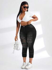 SHEIN SXY Plus Size Women Stretchy Blue Denim Ripped Ankle Length Jeans Autumn Outfits For Women Festival Outfits  Capris For Women - Black - View 4