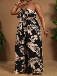SHEIN CURVE+ مجموعة قطعتين من ملابس علوية كروب مطبوعة بنباتات استوائية مع عقدة وبنطلون واسع الساق لمقاسات كبيرة، ملابس للعطلات، منحنيات زائدة، بوهيمي للعطلات، ملابس عطلات شاطئية للمرأة/فستان شاطئي/ملابس عطلات شاطئية/أساسيات شاطئية/تخرج/فستان حفلة الشاي/صيف/ريفي/ملابس عطلات شاطئية/ملابس شاطئية/ملابس شاطئية
