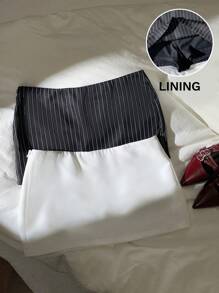 Comfortcana Women's Solid And Striped Mini Skirt, Simple, Stylish And Versatile, Casual, Two-Piece, With Shorts Lining - Black and White - View 3