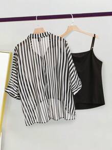 Calvaya Conjunto de 2 piezas: Camisa a rayas con cubierta de manga 7/10, diseño de bajo asimétrico y camiseta sin mangas - Blanco y Negro - Ver 2