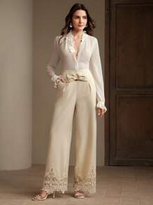 Anewsta Women's Design Waist Cinching High-End Elegant Lace Splice Long Pants - Khaki - View 3