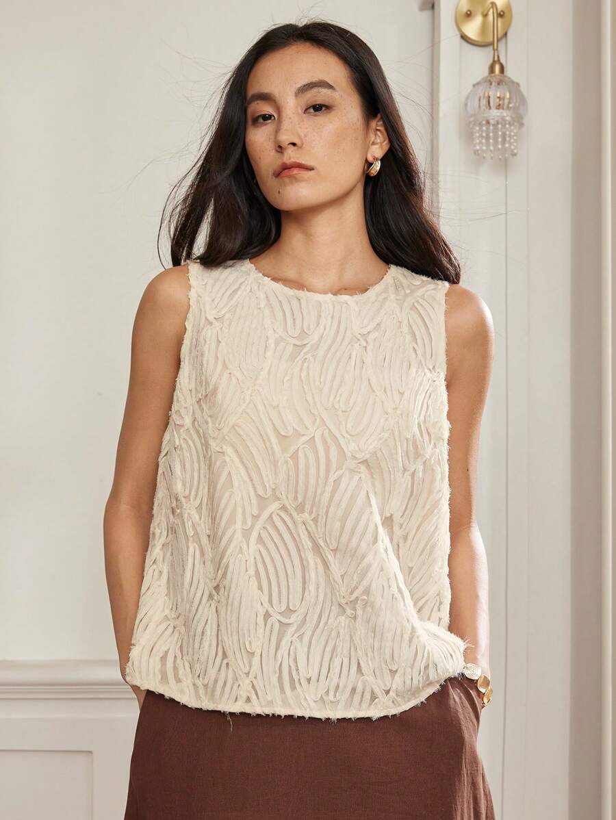 Dazy-Less 女士夏季通勤高端纹理 3D 花卉欧根纱优雅派对/婚礼背心衬衫商务休闲女装 - 米色 - 查看 1