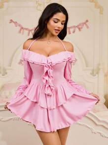 SweetSlumber 1 件女式纯色荷叶边挂脖长袖睡裙娃娃装节日季 - 粉色 - 查看 6