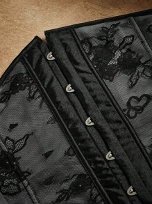 PinupGlam Cinturón de corsé de satén con cordón, encaje transparente y floral en estilo retro palaciego, color negro, para mujer
