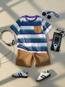 SHEIN Explorewe 2 件套男童数码条纹印花圆领短袖 T 恤和短裤套装，夏季