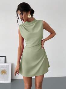 Firerie 女士优雅简约褶皱 A 字迷你连衣裙，浪漫甜美日常通勤婚礼派对音乐节节日装，红色背心短裙 - 薄荷綠 - 查看 2