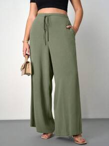 SHEIN Tall CURVE Plus Size Women's Solid Color Waist Tie Pocket Loose Wide Leg Pants