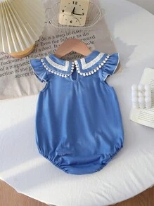 Baby Girl Cute Navy Collar Bodysuit, Spring/Summer - Blue - View 2