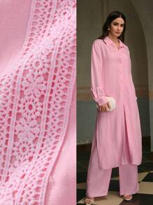 ZEYLAH Women's Pink Long Single-Breasted Slit Hem Casual Shirt Dress