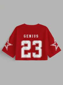 SHEIN EZwear 女士休闲V领宽松短款5/6袖网眼T恤，适合夏季运动，数字23和星星印花，透气 - 彩色 - 查看 7