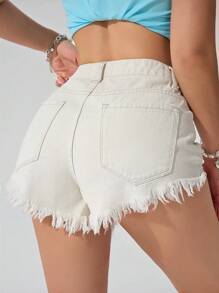 SHEIN EZwear 夏季休闲水洗做旧磨边牛仔短裤 - 酒紅色 - 查看 3